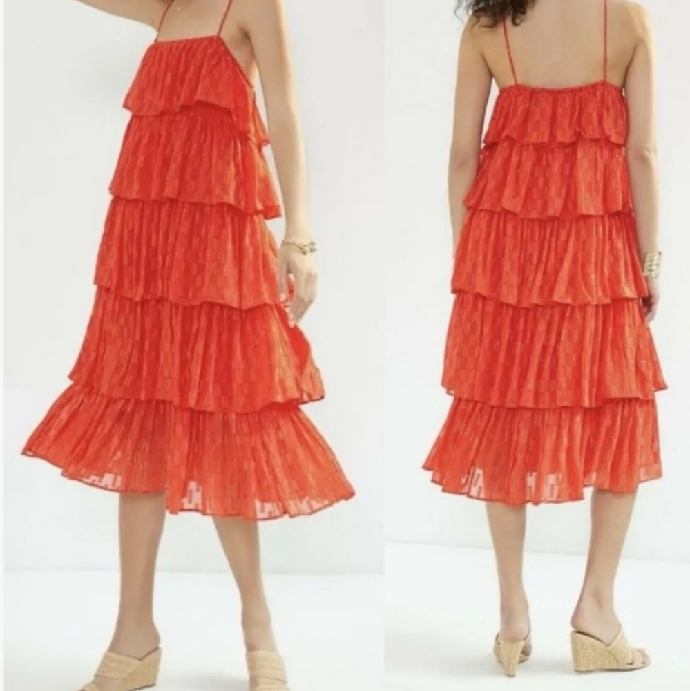 Anthropologie Metallic Thread  Tiered Midi Dress